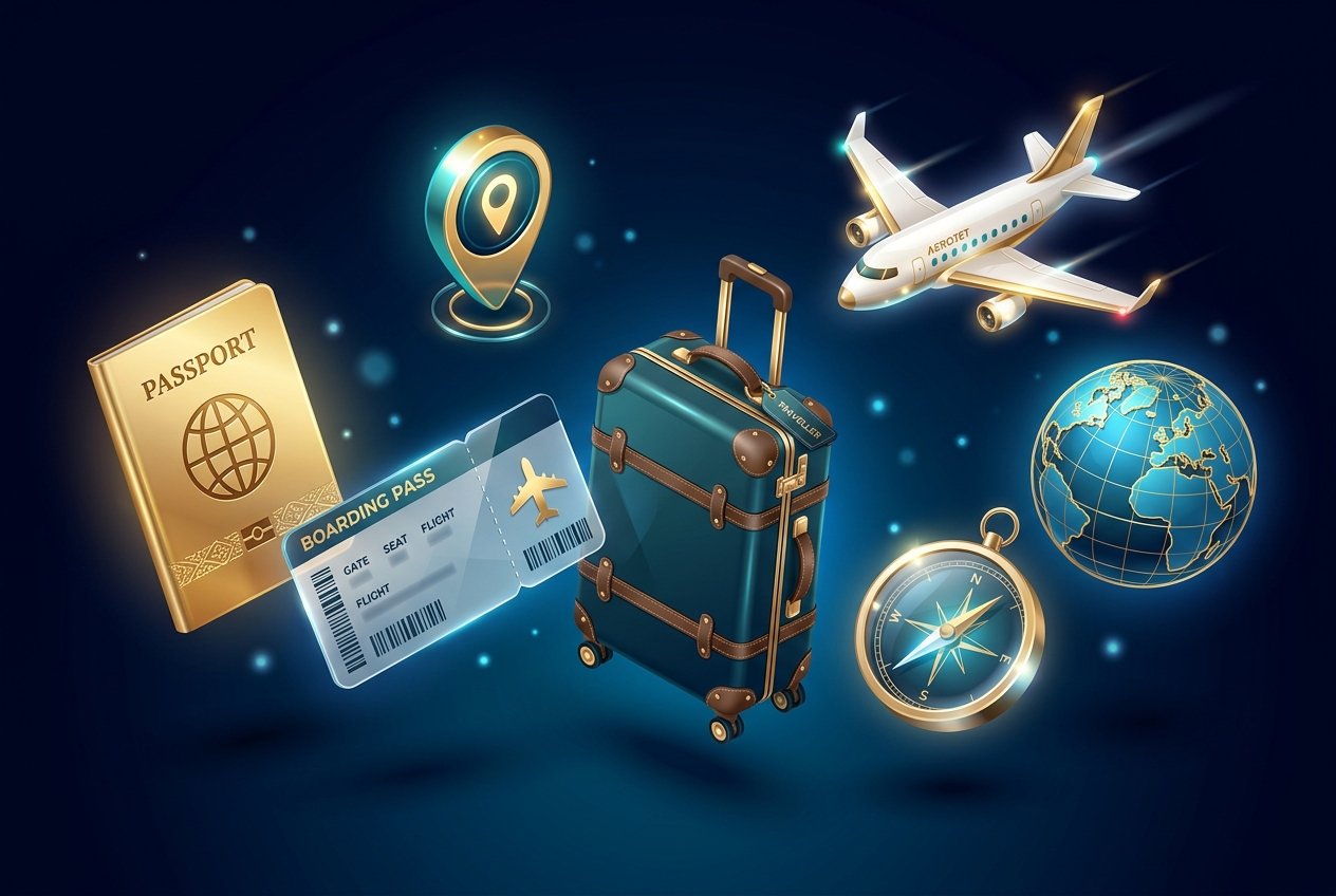 3D travel planning elements showcasing premium travel services